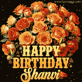 Animated bouquet of orange roses with moving butterfles and golden 'Happy Birthday Shanvi' text, surrounded by sparkling accents and a dark backdrop for a luxurious feel.