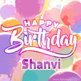 A vibrant name GIF featuring colorful balloons in shades of pink, orange, and yellow with the bold text 'Happy Birthday Shanvi' in festive fonts, creating a lively birthday vibe.