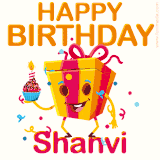 A vibrant and funny gift box character with a happy face dancing with a cupcake and the text 'Happy Birthday Shanvi,' surrounded by animated confetti and party vibes.