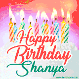 Bright birthday candles with rainbow flames on a cake, alongside the text 'Happy Birthday Shanya' in vibrant script in this celebratory animated GIF.