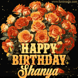 Animated bouquet of orange roses with moving butterfles and golden 'Happy Birthday Shanya' text, surrounded by sparkling accents and a dark backdrop for a luxurious feel.