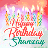 Bright birthday candles with rainbow flames on a cake, alongside the text 'Happy Birthday Shanzay' in vibrant script in this celebratory animated GIF.