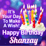 A colorful birthday GIF for Shanzay featuring a cupcake with vibrant lit candles and the text 'It's Your Day to Make a Wish! Happy Birthday Shanzay' in bold letters on a festive purple background.