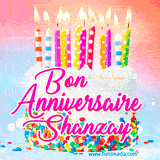 A white birthday cake covered in colorful sprinkles, topped with bright candles, and French text 'Bon Anniversaire Shanzay' on a pastel gradient background in an animated GIF.