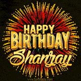 Golden 'Happy Birthday Shanzay' text accompanied by animated rainbow fireworks for a festive animated greeting.