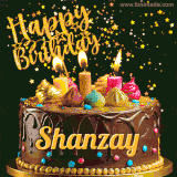 A delightful chocolate birthday cake with bright candles and 'Happy Birthday Shanzay' written in gold amidst a shower of animated stars.