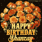 Animated bouquet of orange roses with moving butterfles and golden 'Happy Birthday Shanzay' text, surrounded by sparkling accents and a dark backdrop for a luxurious feel.