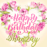 A stunning heart made of pink roses surrounds the elegant script text 'Happy Birthday Shanzay' on a soft beige background. Animated sparkles add a magical and festive feel.