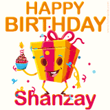 A vibrant and funny gift box character with a happy face dancing with a cupcake and the text 'Happy Birthday Shanzay,' surrounded by animated confetti and party vibes.
