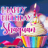 A festive animated GIF featuring a colorful cupcake with a single lit candle, sprinkles, and 'Happy Birthday Shaquan' text against a sparkling, celebratory background.