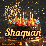 Elegant birthday GIF showing a rich chocolate cake on a gold stand, topped with colorful icing and lit candles for Shaquan.