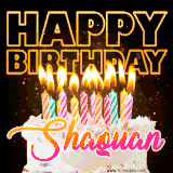 A vibrant animated GIF featuring a delicious birthday cake topped with glowing candles and the name 'Shaquan' in elegant script, and the words 'Happy Birthday' on the black background.