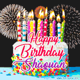 A lively happy birthday animated GIF showcasing a colorful birthday cake covered in sprinkles, topped with glowing candles, and surrounded by vibrant fireworks. The name 'Shaquan' is featured in elegant script.