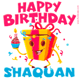 A funny animated birthday GIF with the words 'Happy Birthday Shaquana', colorful gift box with arms and legs, holding a cupcake with a lit candle  with confetti everywhere.