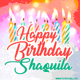 Bright birthday candles with rainbow flames on a cake, alongside the text 'Happy Birthday Shaquila' in vibrant script in this celebratory animated GIF.