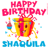 A vibrant and funny gift box character with a happy face dancing with a cupcake and the text 'Happy Birthday Shaquila,' surrounded by animated confetti and party vibes.
