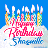 A cheerful animated GIF featuring colorful lit birthday candles on a white cake, with the text 'Happy Birthday Shaquille' in bold red and blue script on a bright blue background.