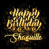 Animated GIF with colorful, festive 'Happy Birthday Shaquille' text decorated with patterns, a party hat, and falling confetti. A vibrant and cheerful design for birthday celebrations.