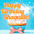 A cheerful animated GIF of a cupcake with creamy frosting, a red checkered ribbon, and a bright sparkler on top. The text 'Happy Birthday Shaquille!' is displayed in vibrant orange and red.