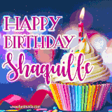 A festive animated GIF featuring a colorful cupcake with a single lit candle, sprinkles, and 'Happy Birthday Shaquille' text against a sparkling, celebratory background.