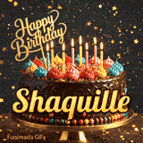 Festive chocolate birthday cake decorated with colorful frosting and candles under sparkling golden stars, personalized for Shaquille.