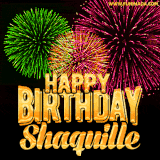 A captivating GIF with bursts of green, pink, and orange fireworks lighting up the night sky, accompanied by 'Happy Birthday Shaquille' in glowing golden text.