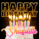 A vibrant animated GIF featuring a delicious birthday cake topped with glowing candles and the name 'Shaquille' in elegant script, and the words 'Happy Birthday' on the black background.