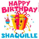 A funny animated birthday GIF with the words 'Happy Birthday Shaquillea', colorful gift box with arms and legs, holding a cupcake with a lit candle  with confetti everywhere.
