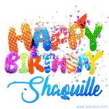 Animated GIF with colorful, festive 'Happy Birthday Shaquille' text decorated with patterns, a party hat, and falling confetti. A vibrant and cheerful design for birthday celebrations.