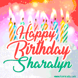 Bright birthday candles with rainbow flames on a cake, alongside the text 'Happy Birthday Sharalyn' in vibrant script in this celebratory animated GIF.