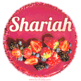 Beautifully decorated red velvet berry birthday cake with vibrant fruits and a glowing 'Shariah' name, adding a touch of sweetness and sparkle.