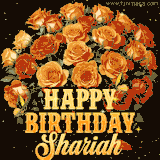 Animated bouquet of orange roses with moving butterfles and golden 'Happy Birthday Shariah' text, surrounded by sparkling accents and a dark backdrop for a luxurious feel.