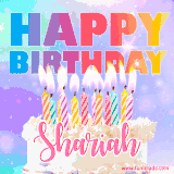 A vibrant animated name GIF with the words 'Happy Birthday Shariah' with colorful candles on a creamy cake. The background sparkles with pastel shades, adding a festive touch.