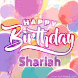 A vibrant name GIF featuring colorful balloons in shades of pink, orange, and yellow with the bold text 'Happy Birthday Shariah' in festive fonts, creating a lively birthday vibe.