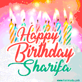 Bright birthday candles with rainbow flames on a cake, alongside the text 'Happy Birthday Sharifa' in vibrant script in this celebratory animated GIF.