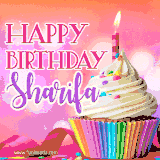 A vibrant birthday GIF featuring a rainbow-colored cupcake topped with white frosting, sprinkles, and a lit candle. The text reads 'Happy Birthday Sharifa' in bold pink and violet letters with white outline.