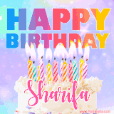 A vibrant animated name GIF with the words 'Happy Birthday Sharifa' with colorful candles on a creamy cake. The background sparkles with pastel shades, adding a festive touch.