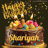 A delightful chocolate birthday cake with bright candles and 'Happy Birthday Shariyah' written in gold amidst a shower of animated stars.