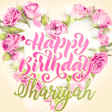 A stunning heart made of pink roses surrounds the elegant script text 'Happy Birthday Shariyah' on a soft beige background. Animated sparkles add a magical and festive feel.