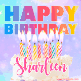 A vibrant animated name GIF with the words 'Happy Birthday Sharleen' with colorful candles on a creamy cake. The background sparkles with pastel shades, adding a festive touch.
