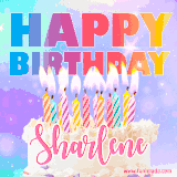 A vibrant animated name GIF with the words 'Happy Birthday Sharlene' with colorful candles on a creamy cake. The background sparkles with pastel shades, adding a festive touch.