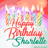 Bright birthday candles with rainbow flames on a cake, alongside the text 'Happy Birthday Sharlotte' in vibrant script in this celebratory animated GIF.
