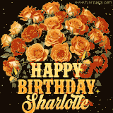 Animated bouquet of orange roses with moving butterfles and golden 'Happy Birthday Sharlotte' text, surrounded by sparkling accents and a dark backdrop for a luxurious feel.