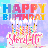A vibrant animated name GIF with the words 'Happy Birthday Sharlotte' with colorful candles on a creamy cake. The background sparkles with pastel shades, adding a festive touch.