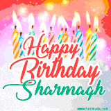 Bright birthday candles with rainbow flames on a cake, alongside the text 'Happy Birthday Sharmagh' in vibrant script in this celebratory animated GIF.