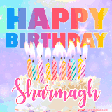 A vibrant animated name GIF with the words 'Happy Birthday Sharmagh' with colorful candles on a creamy cake. The background sparkles with pastel shades, adding a festive touch.