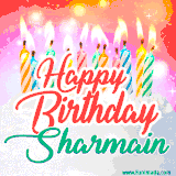 Bright birthday candles with rainbow flames on a cake, alongside the text 'Happy Birthday Sharmain' in vibrant script in this celebratory animated GIF.