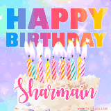 A vibrant animated name GIF with the words 'Happy Birthday Sharmain' with colorful candles on a creamy cake. The background sparkles with pastel shades, adding a festive touch.