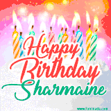 Bright birthday candles with rainbow flames on a cake, alongside the text 'Happy Birthday Sharmaine' in vibrant script in this celebratory animated GIF.