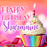 A vibrant birthday GIF featuring a rainbow-colored cupcake topped with white frosting, sprinkles, and a lit candle. The text reads 'Happy Birthday Sharmaine' in bold pink and violet letters with white outline.